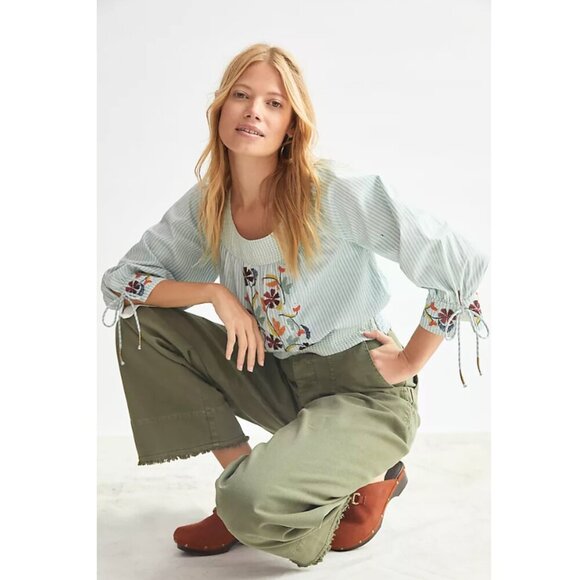 Anthropologie Tops - ANTHROPOLOGIE | Beaded Puff-Sleeved Blouse Blue White Small Fairycore Coquette